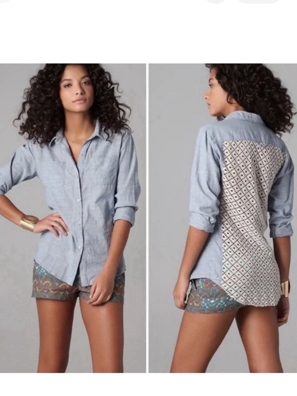 Free People Chambray with Crochet Back Button Down